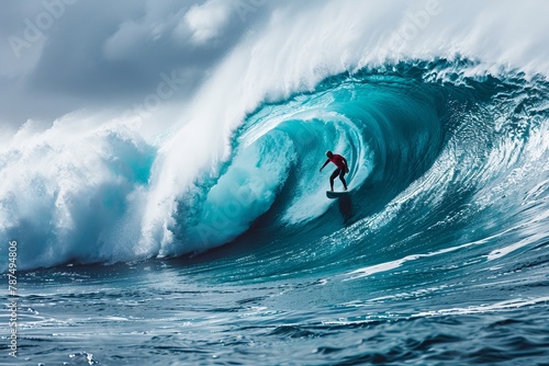 A dynamic image capturing a surfer's thrilling ride through the curl of an enormous blue wave, illustrating the power of nature © Larisa AI