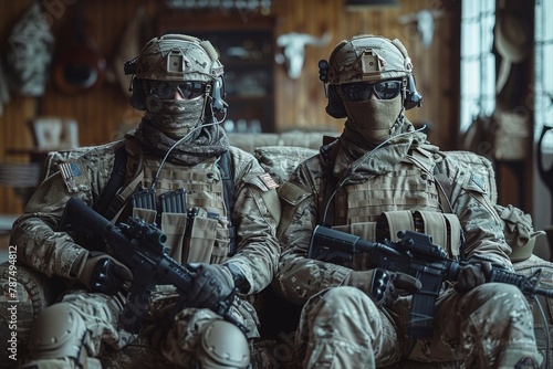 Two soldiers adorned in full tactical gear are featured with an emphasis on the detailed equipment and camaraderie