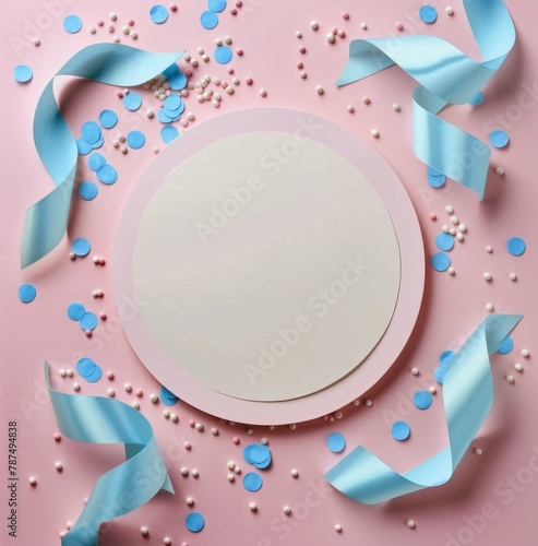 White Circle Surrounded by Blue and White Confetti
