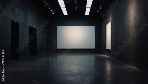 Empty gallery space. Dark background. Abstract dark empty gallery space texture. Art exhibit spotlight background.