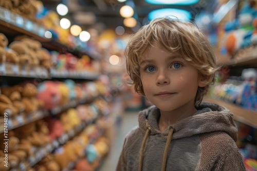 A young boy with curly hair standing in a supermarket aisle with blurred shelves of food in the background