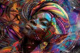A vibrant digital artwork of an African woman with multicolored hair, her face a mosaic of intricate patterns and textures. She is surrounded by swirling colors and shapes that create the impression