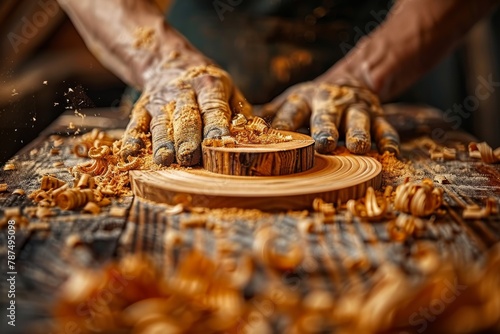 A close-up image of a craftsman's hands working on a piece of wood, highlighting the art of woodworking
