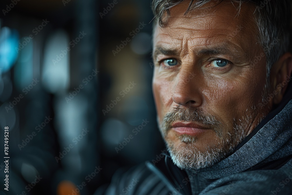 Close-up portrait of a mature man with intense gaze and stubble in a dark environment Close-up portrait of a mature man with intense gaze and stubble in a dark environment