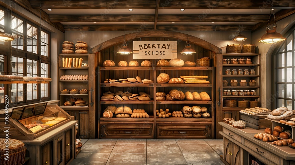 Traditional Bakery Interior With Wooden Shelves and Bread Display Traditional Bakery Interior With Wooden Shelves and Bread Display