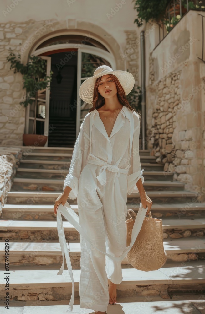 Woman in White Jumpsuit Carrying Shopping Bags