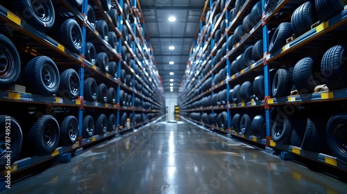 Symmetrical Tire Warehouse Aisle with Ample Storage Space. Concept Industrial Architecture, Warehouse Storage, Symmetrical Design, Tire Aisle, Ample Space