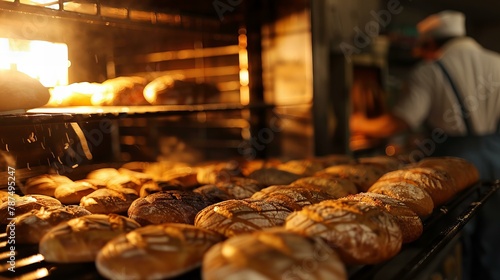 Freshly Baked Bread Displayed on Wooden Shelves in a Bakery