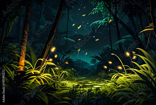 A Luminous fireflies lighting up the jungle at night vector art illustration image. 