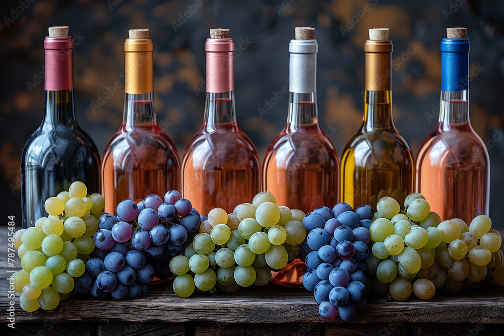 Obraz premium An elegant and well-organized wine cellar, with several bottles of wine displayed on wooden shelves. An array of vibrant colors fills the scene, with red, rosé and white wines arranged in aArte com IA