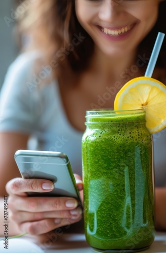 Woman Holding Cell Phone Next to Green Smoothie