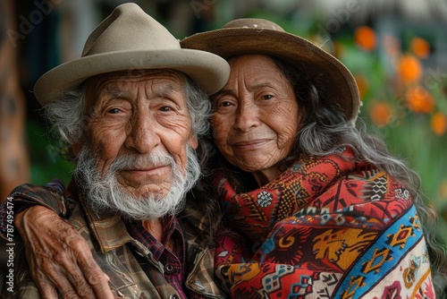 A dignified elderly couple embracing, dressed in colorful Andean attire, exuding warmth