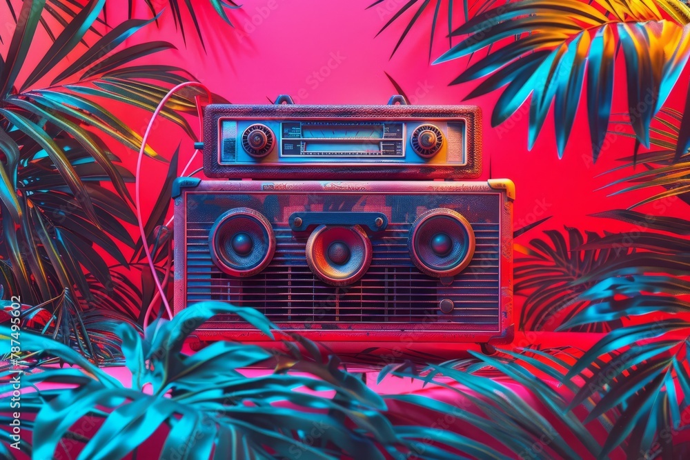 Fototapeta premium A vibrant, retro-style boombox set against an abstract background of tropical leaves and palm trees, radiating with the energy of summer music and evoking memories from years past