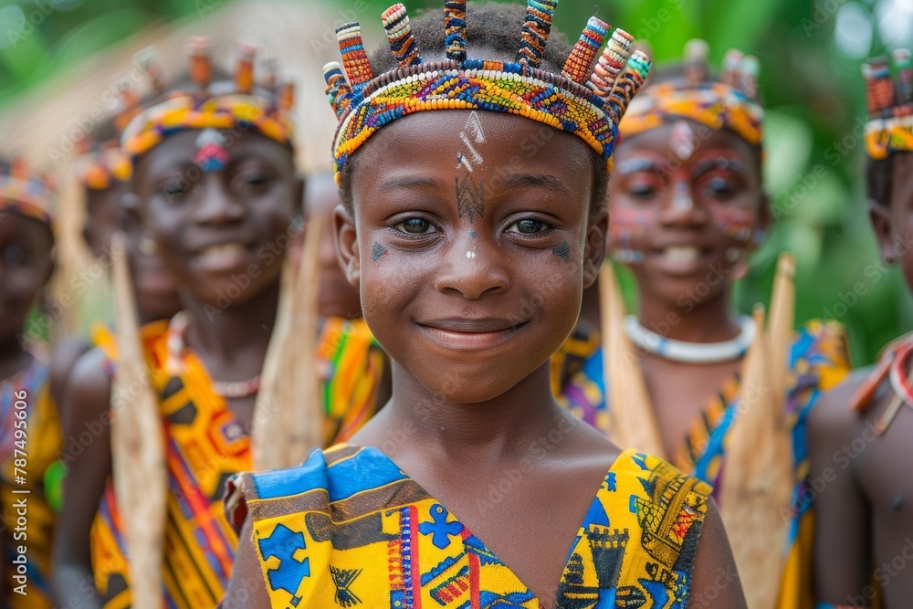 A cheerful young girl in traditional African attire with face paint smiles brightly, showcasing joy and cultural pride