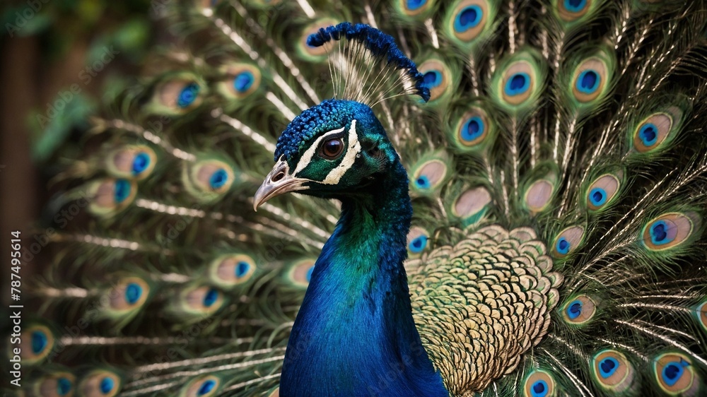 Majestic peacock displays vibrant array of feathers, showcasing intricate pattern of eyespots adorned with hues of green, blue, gold that shimmer in light. Birds body cloaked in iridescent blue. Majestic peacock displays vibrant array of feathers, showcasing intricate pattern of eyespots adorned with hues of green, blue, gold that shimmer in light. Birds body cloaked in iridescent blue.