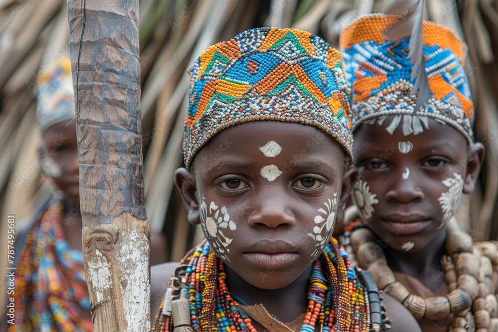 The solemn faces of children in dynamic tribal dress convey the significance of their cultural traditions