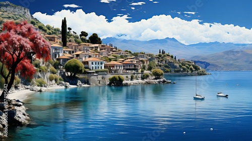 Tranquil mediterranean escape. Serene sea views and charming old town explorations. Digital painting