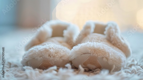 Closeup view of fluffy pair of baby slippers © fivan