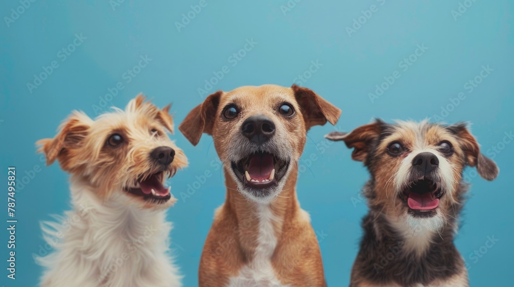 Studio portrait of dogs looking up on blue background Studio portrait of dogs looking up on blue background