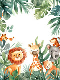 Four mammals lion, giraffe, elephant, and bear stand in the jungle