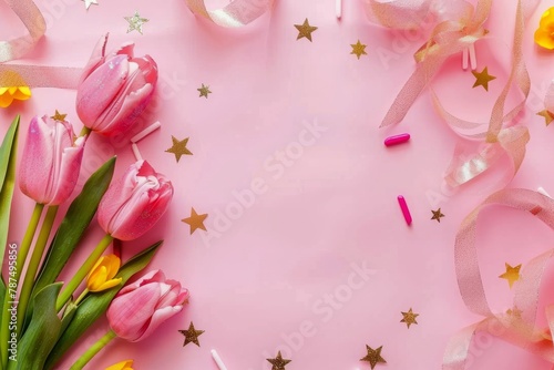 Pink Tulips and Stars on Pink Background
