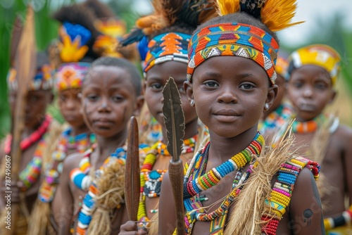 Young African child adorned with ethnic jewelry and traditional colorful clothing