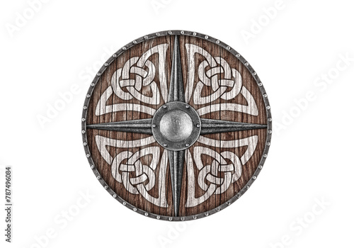 Old decorated viking wooden round shield isolated on white background