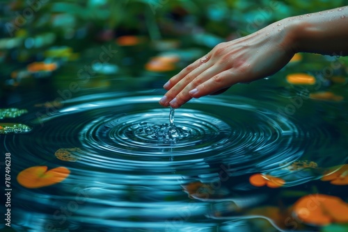 A hand disturbing a water surface adorned with colorful leaves, emphasizing vitality