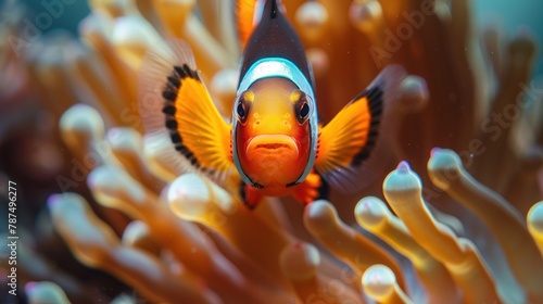 Beautiful orange anemone fish swimming near anemone plant in undersea scene. AI generated image