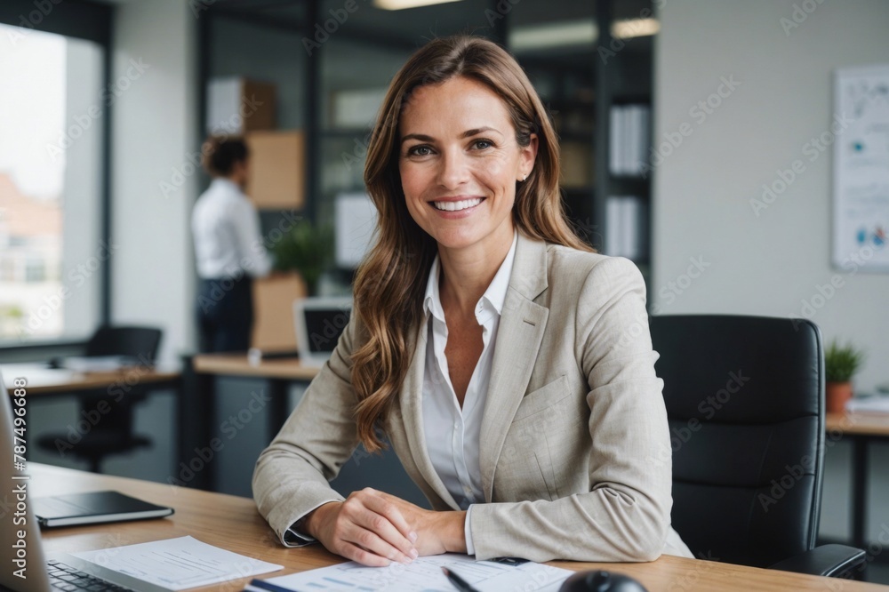 Portrait of smiling businesswoman at desk in office Portrait of smiling businesswoman at desk in office