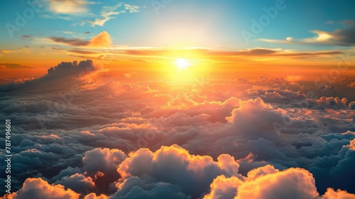 Beautiful sky with fluffy white clouds heaven at sunset view background. AI generated image