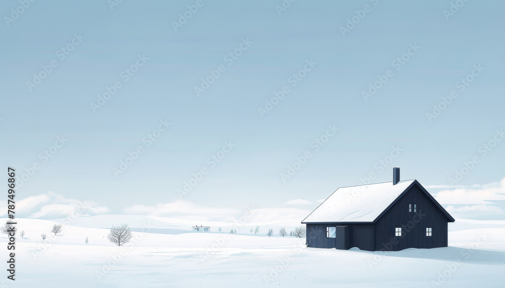 Small black house sits in a snowy field