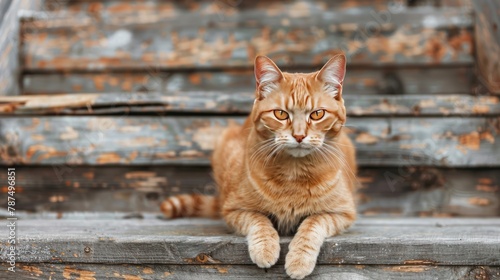 Portrait a tabby ginger cat pet animal sitting on wooden steps in home outdoor. AI generated image