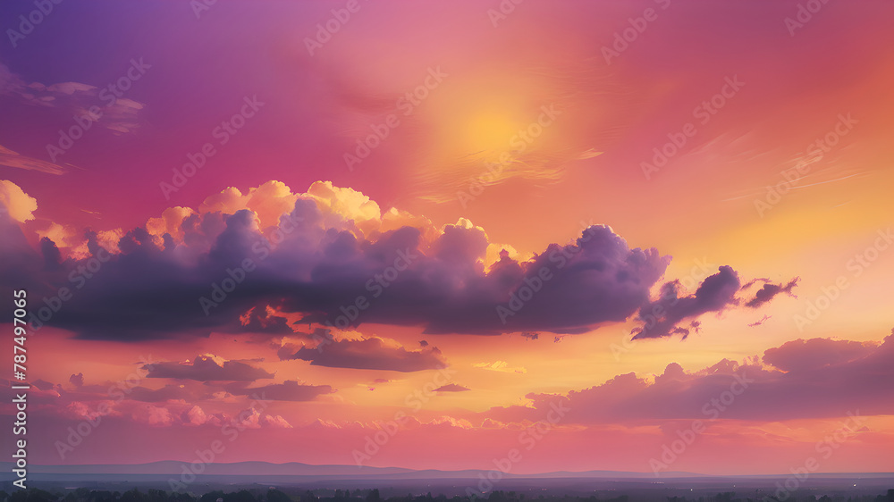 Orange, pink, purple and yellow fiery sunrise - Fantasy vibrant panoramic sunset sky - Gradient rich colors - ethereal dreamy summer sunset or sunrise sky. Uplifting and peaceful sky.