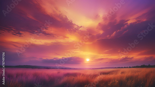 Orange, pink, purple and yellow fiery sunrise - Fantasy vibrant panoramic sunset sky - Gradient rich colors - ethereal dreamy summer sunset or sunrise sky. Uplifting and peaceful sky.