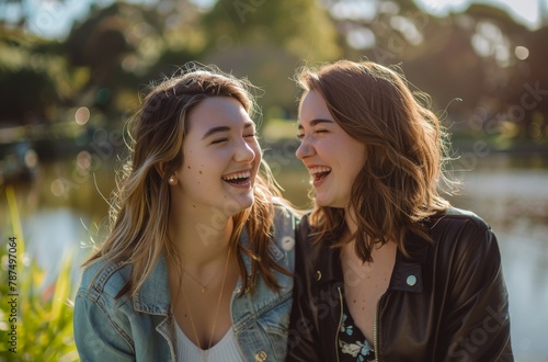 Two Young Women Laughing and Looking at Each Other © olegganko