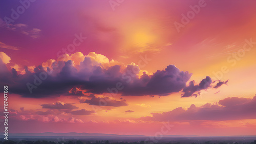 Orange, pink, purple and yellow fiery sunrise - Fantasy vibrant panoramic sunset sky - Gradient rich colors - ethereal dreamy summer sunset or sunrise sky. Uplifting and peaceful sky. © Anton