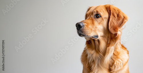 Dog with a brown face and a white background, copy space