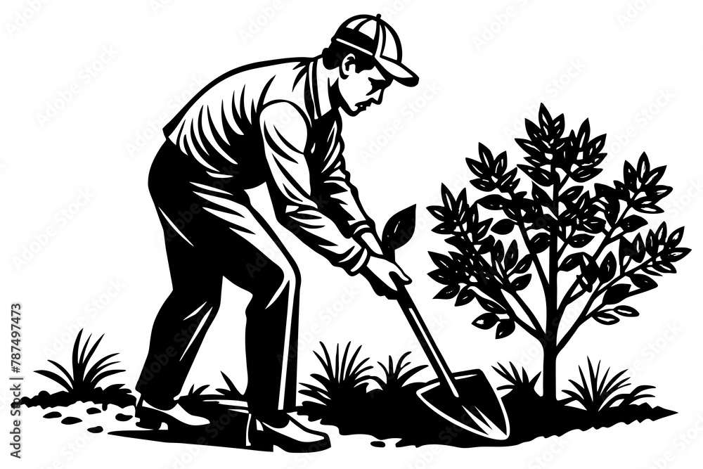 Create an image of a volunteer helping to plant trees with solid black and white color Create an image of a volunteer helping to plant trees with solid black and white color