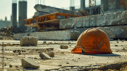 Construction industry. Orange helmet. Abandoned building.