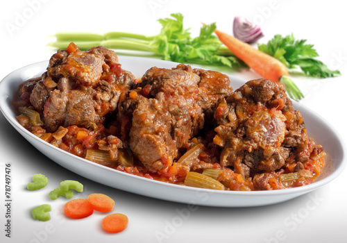 Isolated oval plate with a portion of oxtail stewed vaccinara and vegetables