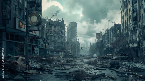 Post apocalyptic scenario city buildings construction and wrecked cars