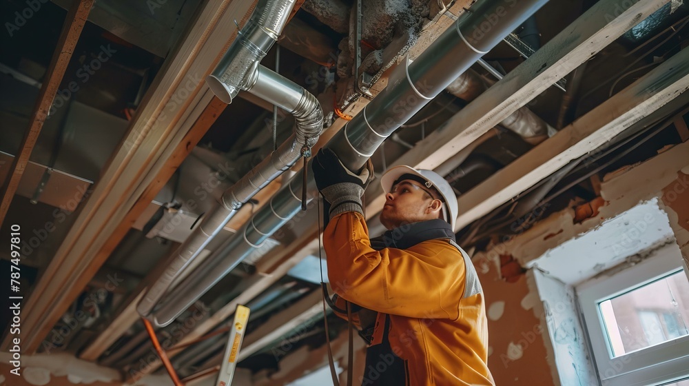 Worker Installing Pipes in Ceiling of Residential Building Worker Installing Pipes in Ceiling of Residential Building