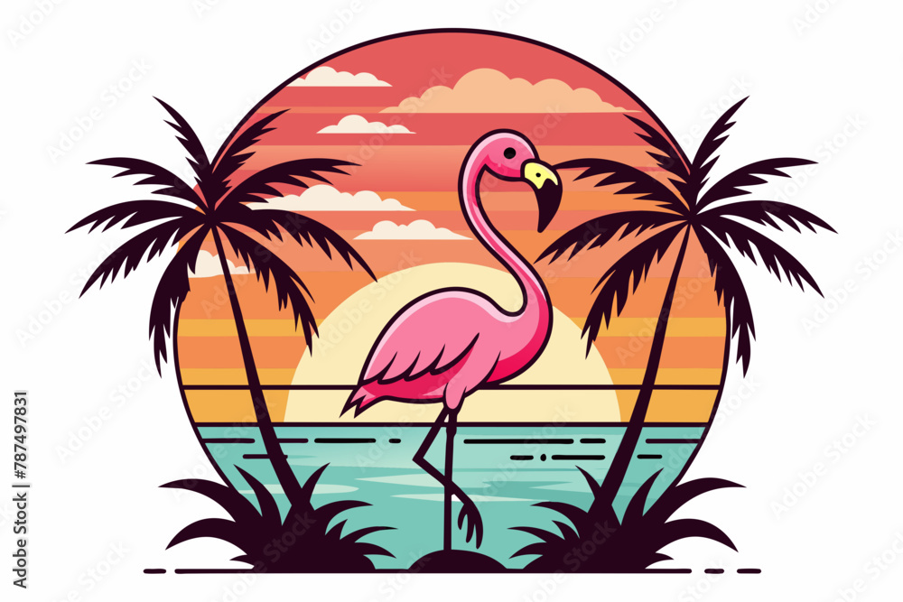 Naklejka premium Vector t-shirt design, vector art with black outlines, a cute pink flamingo with palm trees and a sunset, with a small beach in reflection illustration, white background