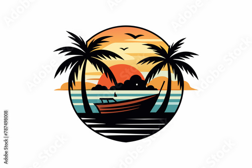 Vector t-shirt design, vector art with black outlines, a small boat with palm trees and a sunset, with a small beach in reflection illustration, white background, clipart