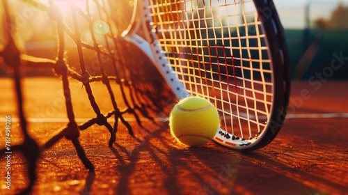a tennis racquet and ball on a clay court, racquet leaning against the net, ball nearby.  Concept of sport, healthy lifestyle, physical activity