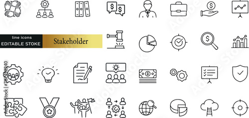 Stakeholder line icons set. Stakeholder outline icons with editable stroke collection. Includes Project, Growth, Investor, Report, Presentation photo
