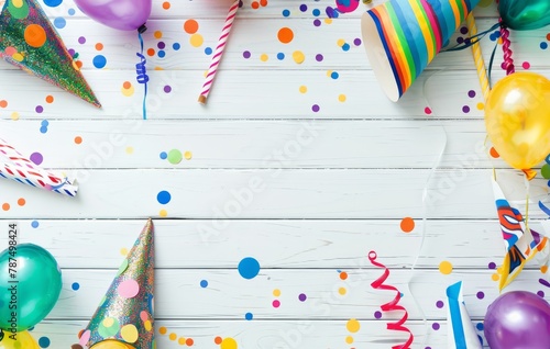 White Wooden Table With Balloons and Confetti