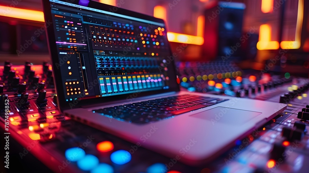 Music Production Oasis: Laptop with DAW in Neon-Lit Studio. Concept Music Production, Laptop, DAW, Neon-Lit Studio, Creative Workspace