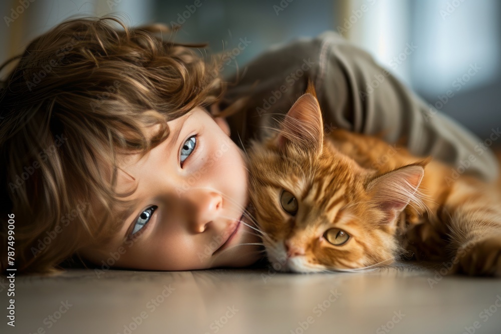 A young boy with his head on the floor, orange color cat is laying next to him looking at camera